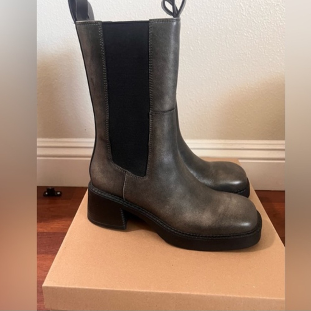 STEVE MADDEN Maren Leather Mid-Calf Chelsea Boots Block Heel Dark Gray